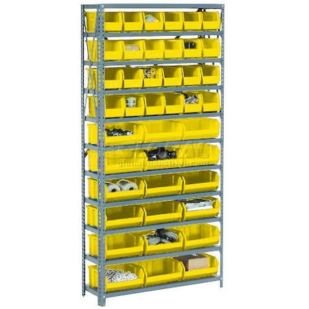 Global Industrial Steel Open Shelving, 28 YL 8-1/4x14-3/4x7 Stacking Bins 8 Shelves 36x12x73 506205YL